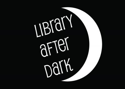 "Library After Dark" text with crescent moon